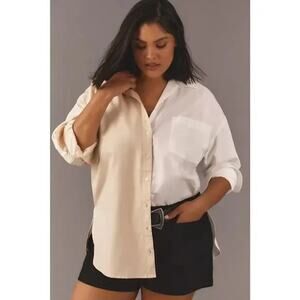 Maeve Anthropologie Bennett Colorblock Long Sleeve Button Down Shirt Tan White L